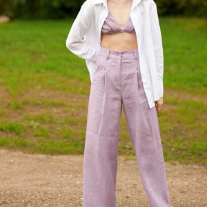 Wide linen pants, Custom length linen pants for women, High waisted baggy linen trousers, Heavy lilac linen pants, Petite Tall linen pants