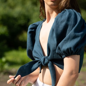 Elegant Puffy Sleeve Linen Blouse with Front Tie Closure, Handmade Summer Linen Top, Linen Crop top, Linen Cropped Top for Women
