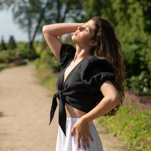 Elegant Puffy Sleeve Linen Blouse with Front Tie Closure, Handmade Summer Linen Top, Linen Crop top, Linen Cropped Top for Women