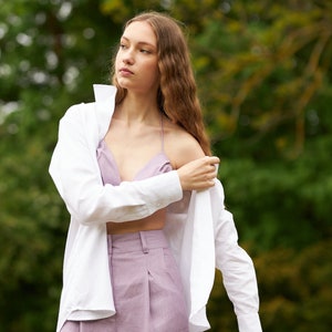 White oversized women&#39;s linen shirt, Long sleeve linen shirt for women, Organic summer linen blouse with buttons, Loose fit linen top
