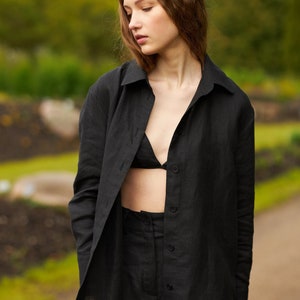 Black boyfriend linen shirt for women, Long sleeve oversized women&#39;s shirt, Organic summer linen shirt with buttons, Loose fit linen top