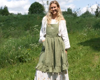 Handmade Ruffled Linen Pinafore Apron Dress: Sage Green Garden Apron