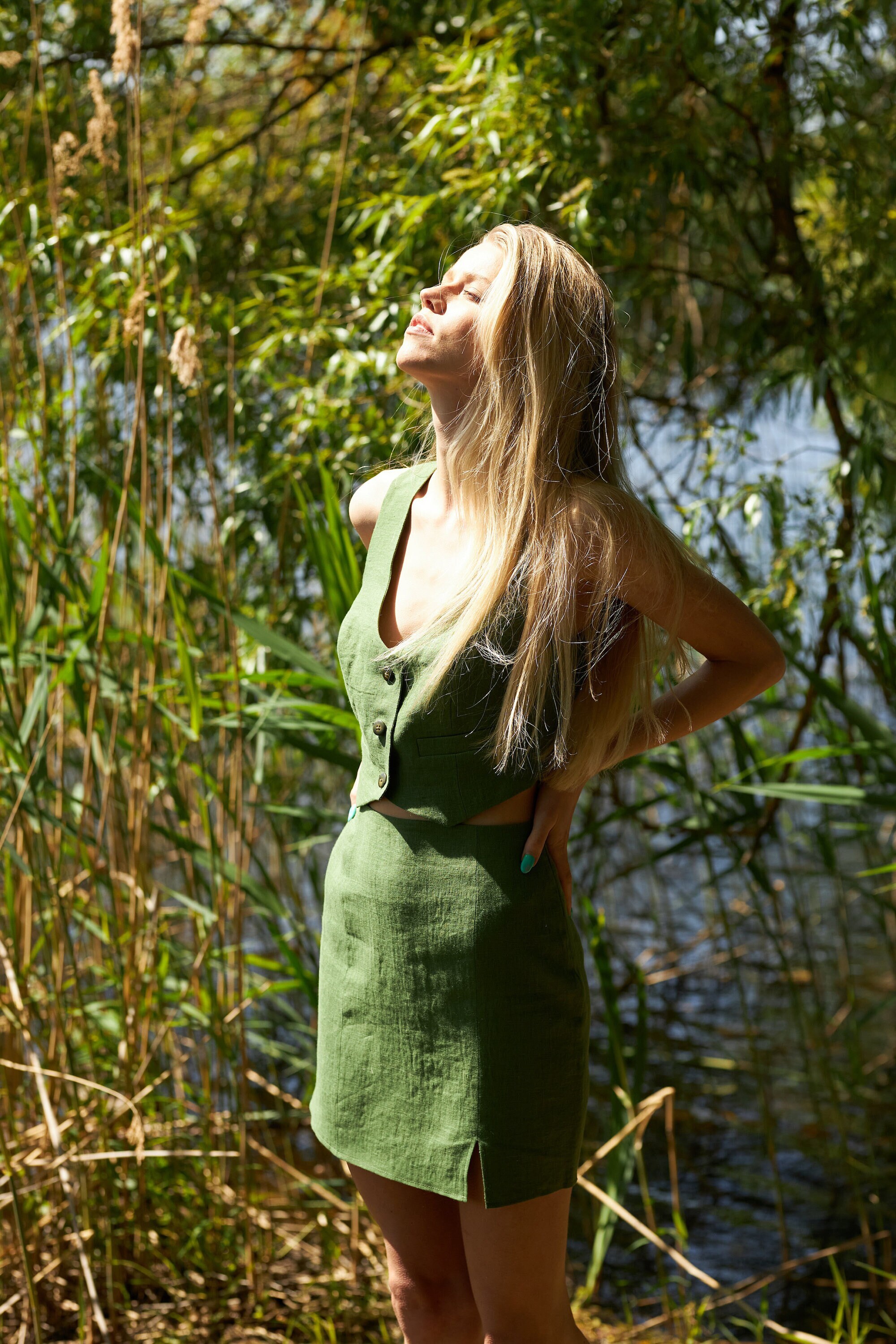 Jupe Femme En Lin Vert Citron - Taille 10 - Coupe A - Zippée - Occasion TB
