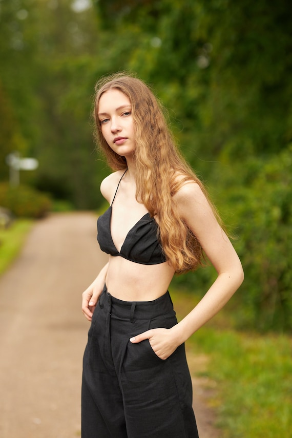 Black Linen Top, Bralette Style Top, Summer Linen Top, Linen Women