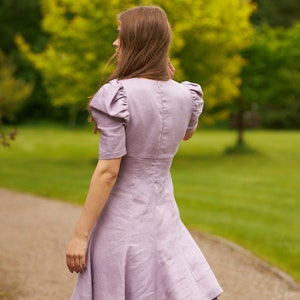 Lilac puffy sleeve linen dress, Short elegant linen summer dress for women, Linen clothing, Organic natural birthday/bridesmaid linen dress image 4