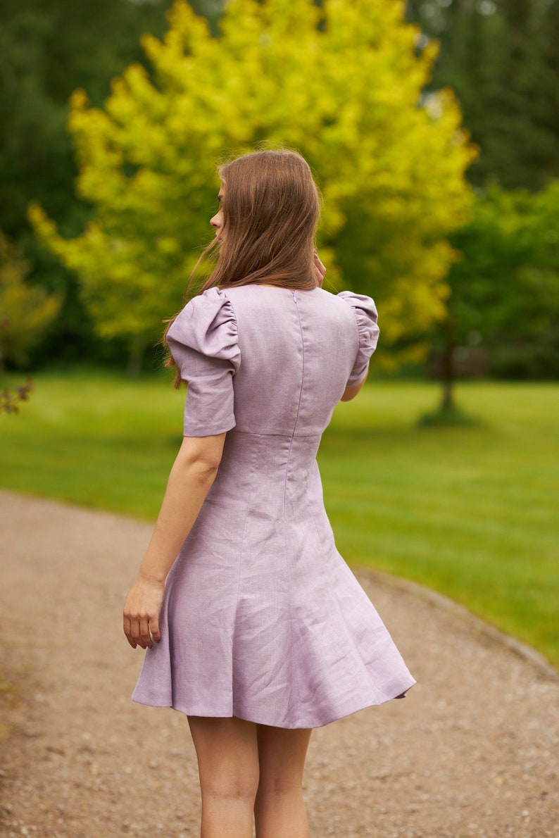 Lilac puffy sleeve linen dress, Short elegant linen summer dress for women, Linen clothing, Organic natural birthday/bridesmaid linen dress image 4