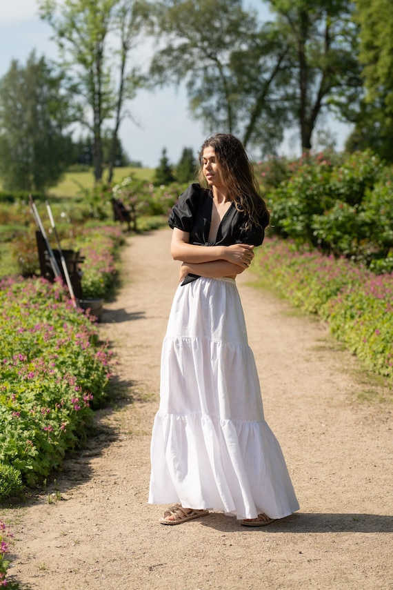 Tiered Skirt White Linen Dress Skirt ORIANA Tiered Linen Maxi Skirt