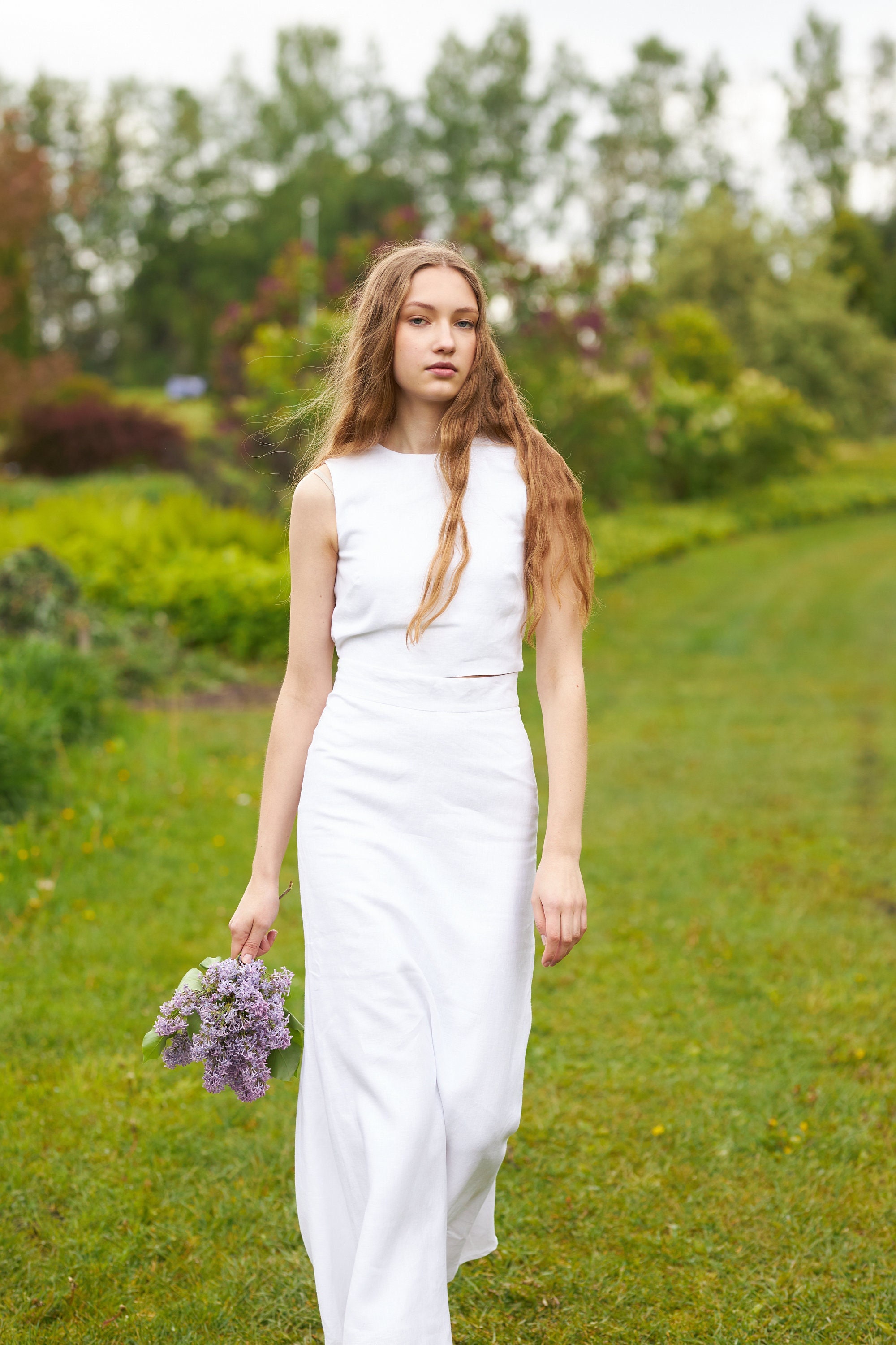 WINSUNNY White Cotton Linen Vest Top Long Skirt Two Piece Set