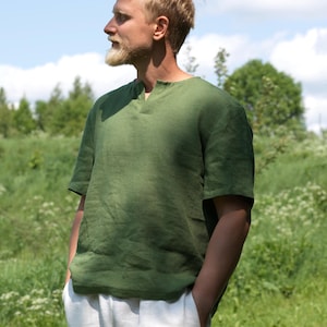 Linen Tee for Men, Green Linen V-neck Shirt, Linen T-shirt Relaxed-Fit, Organic Flax T-shirt, Soft Linen Men&#39;s T-shirt, Basic Linen Top