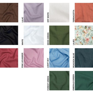 Puede incluir: Una colecci&oacute;n de muestras de tela en varios colores y patrones, incluyendo negro, blanco, frambuesa, lavanda rosa, chocolate, lila, verde bosque, cielo claro, verde musgo, blanco roto, verde esmeralda, azul pavo real, lirios y terracota.