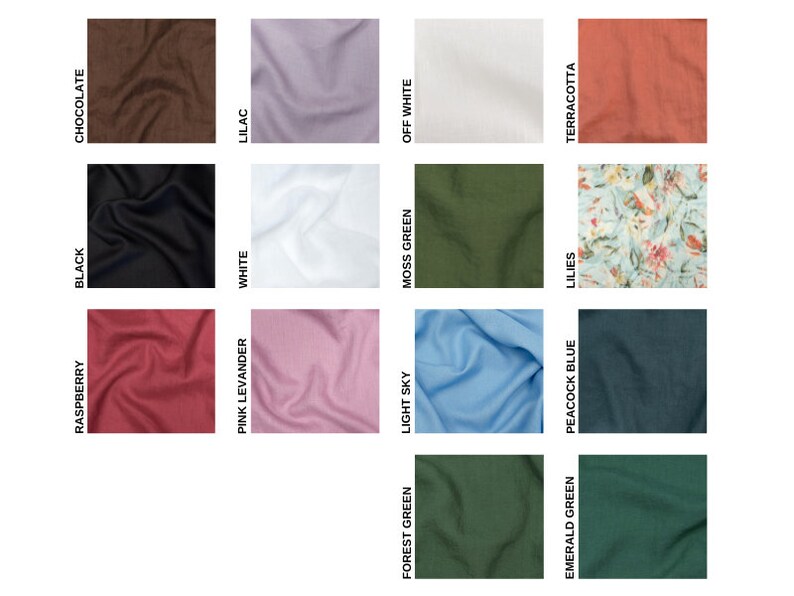 Puede incluir: Una colecci&oacute;n de muestras de tela en varios colores y patrones, incluyendo negro, blanco, frambuesa, lavanda rosa, chocolate, lila, verde bosque, cielo claro, verde musgo, blanco roto, verde esmeralda, azul pavo real, lirios y terracota.