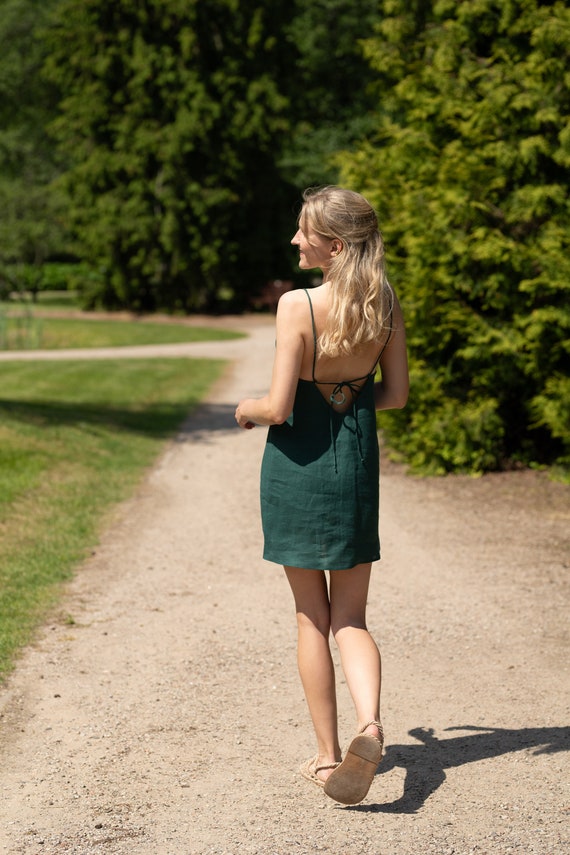 Open Back Linen Mini Dress: Sleeveless Cross Strap Summer Dress - Etsy  Israel