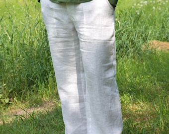 White Linen Trousers for Men: Straight Leg Flax Pants with Pockets