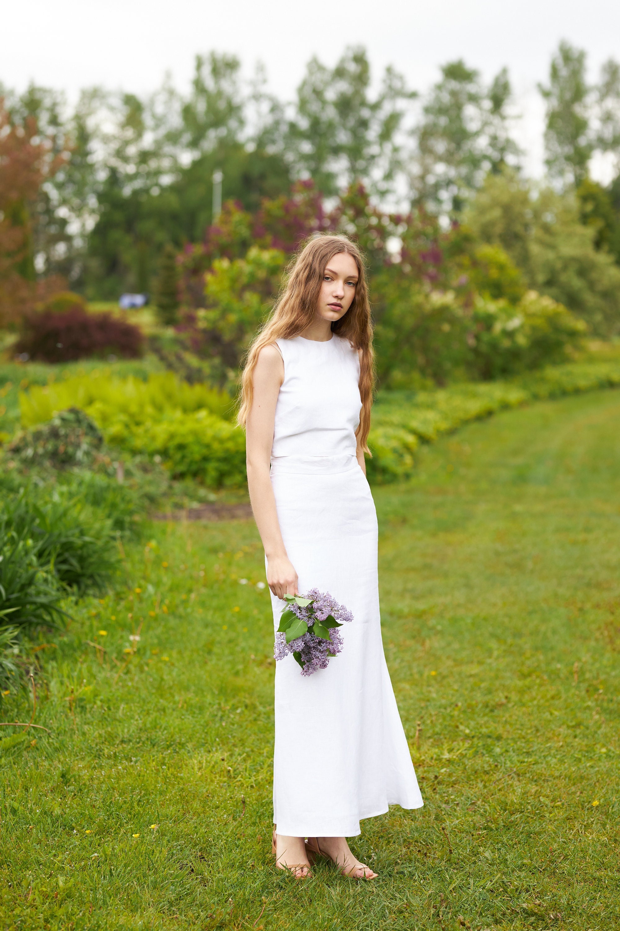White Linen Skirt Top Set
