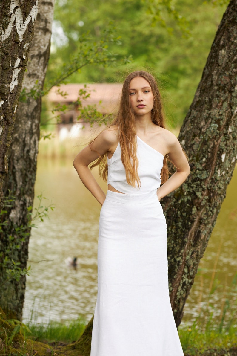 Elegant linen set, Linen summer set, White linen top, White linen skirt, Wedding dress set image 1