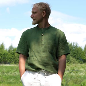 Men&#39;s Linen Short Sleeve Shirt, Band Collar Shirt, Lightweight Summer Shirt for Men, Classic Fit Men&#39;s Dress Shirt