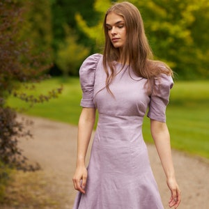 Lilac puffy sleeve linen dress, Short elegant linen summer dress for women, Linen clothing, Organic natural birthday/bridesmaid linen dress image 2