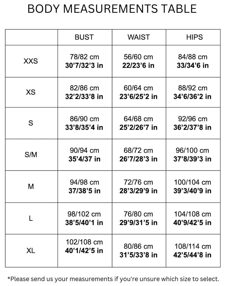Puede incluir: Una tabla de tallas para ropa con medidas en pulgadas y cent&iacute;metros. La tabla enumera las tallas desde XXS hasta XL e incluye las medidas de busto, cintura y cadera.