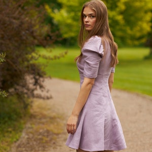 Lilac puffy sleeve linen dress, Short elegant linen summer dress for women, Linen clothing, Organic natural birthday/bridesmaid linen dress image 3