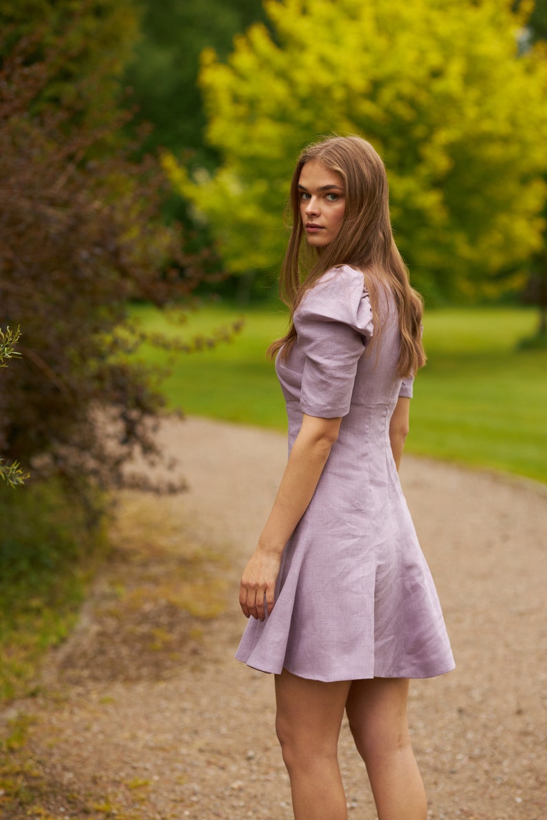 Lilac puffy sleeve linen dress, Short elegant linen summer dress for women, Linen clothing, Organic natural birthday/bridesmaid linen dress image 3