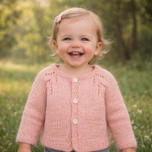 May include: A light pink, knitted baby cardigan with three white buttons. The cardigan has a round neckline and decorative detailing near the shoulders. The baby is wearing a pink bow in their hair.