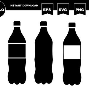 May include: Three black silhouette illustrations of plastic bottles. The bottles are all the same shape, but the middle bottle has a white label, and the left bottle has a white band around the middle.