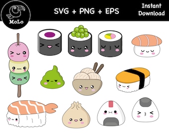 Sushi Kawaii Clipart Bundle: PNG, EPS, SVG (Digital Download)