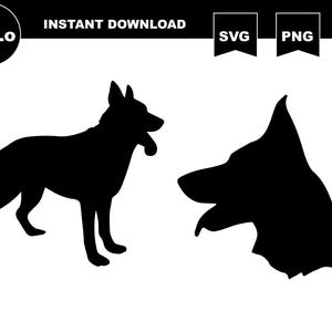 Puede incluir: Silueta negra de un perro pastor alemán de pie y un retrato de cabeza del mismo perro. El perro está mirando hacia la derecha en ambas imágenes.