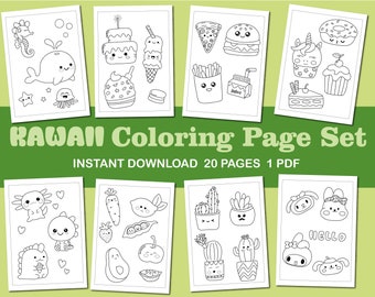 20 Kawaii Coloring Pages, Printable PDF, Coloring Book for Kids, Cute Kawaii