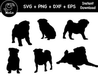 Pug Dog Bundle, Black Pug Dog Decal, SVG, PNG, DXF silhouette