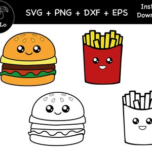 Burger und Pommes Kawaii Schneidebrett, niedlicher Burger und Pommes, PNG, DXF, Cricut