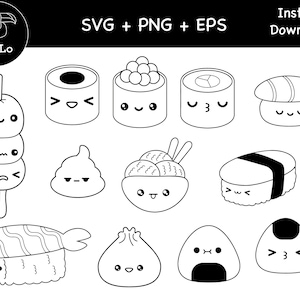 Sushi Kawaii Clipart, süße Sushi Bundle, PNG, EPS, SVG, Nigiri Kawaii