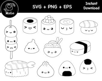 Kawaii Sushi Clipart Bundle: PNG, SVG, EPS (Digital Download)