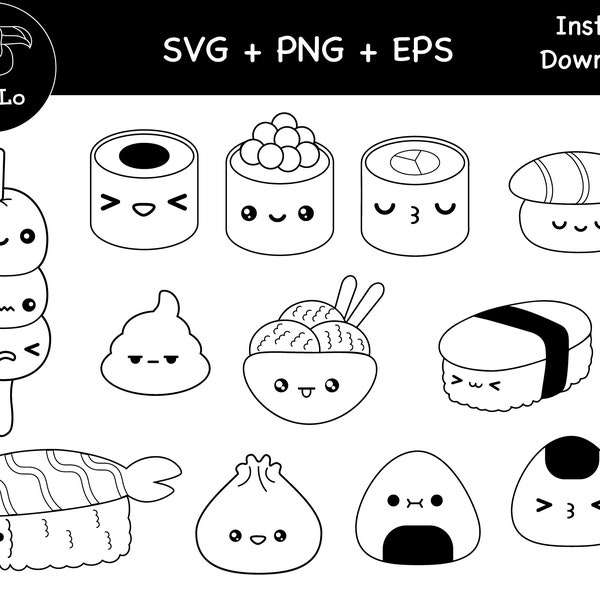 Sushi Kawaii Clipart, Cute Sushi Bundle, PNG, EPS, SVG, Nigiri Kawaii