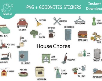 House Chores Stickers, Png, Goodnotes Precropped, Hand drawn Retro Style Stickers