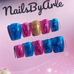 Blue Pink Magical Press on Nails- Cat Eye, Chrome, Nails, Press ons, Press on Nails