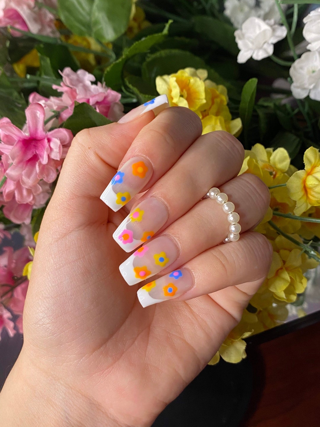 White French Tip With Flowers Gel Nails, Handmade, Trendy Nails, Press on Nails, Nails Press On