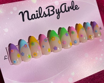 Colorful French Tip Press On Nails: Handmade Floral Gel Nails