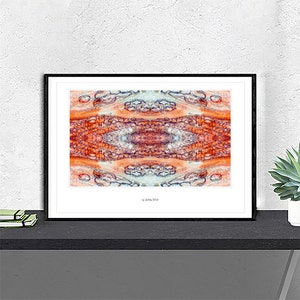 Könnte beinhalten: Ein gerahmter abstrakter Kunstdruck mit einem symmetrischen Design in Orange, Rot, Blau und Weiß. Der Druck ist mit "canto" betitelt.