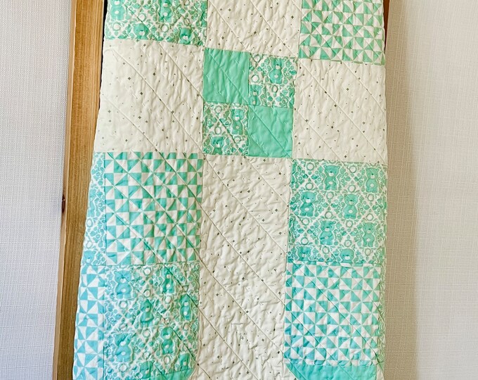 Blue Baby Quilt Handmade Baby Quilt Hand Quilted Burp Cloth Set Modern