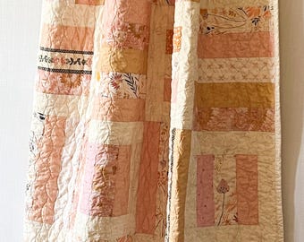 Handmade Floral Baby Quilt,  Pink, Navy, Yellow Strawberry Design