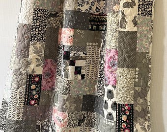 Modern Floral Baby Quilt: Handmade Cotton Black, White, Pink & Gray