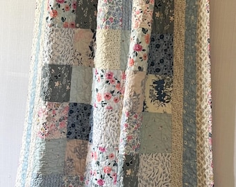 Handmade Blue Floral Baby Quilt: Modern Cotton Patchwork Baby Quilt