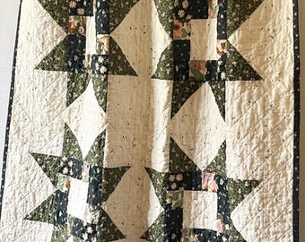 Floral Baby Quilt: Handmade Cotton, Modern Star Baby Quilt, Navy, Green and Pink