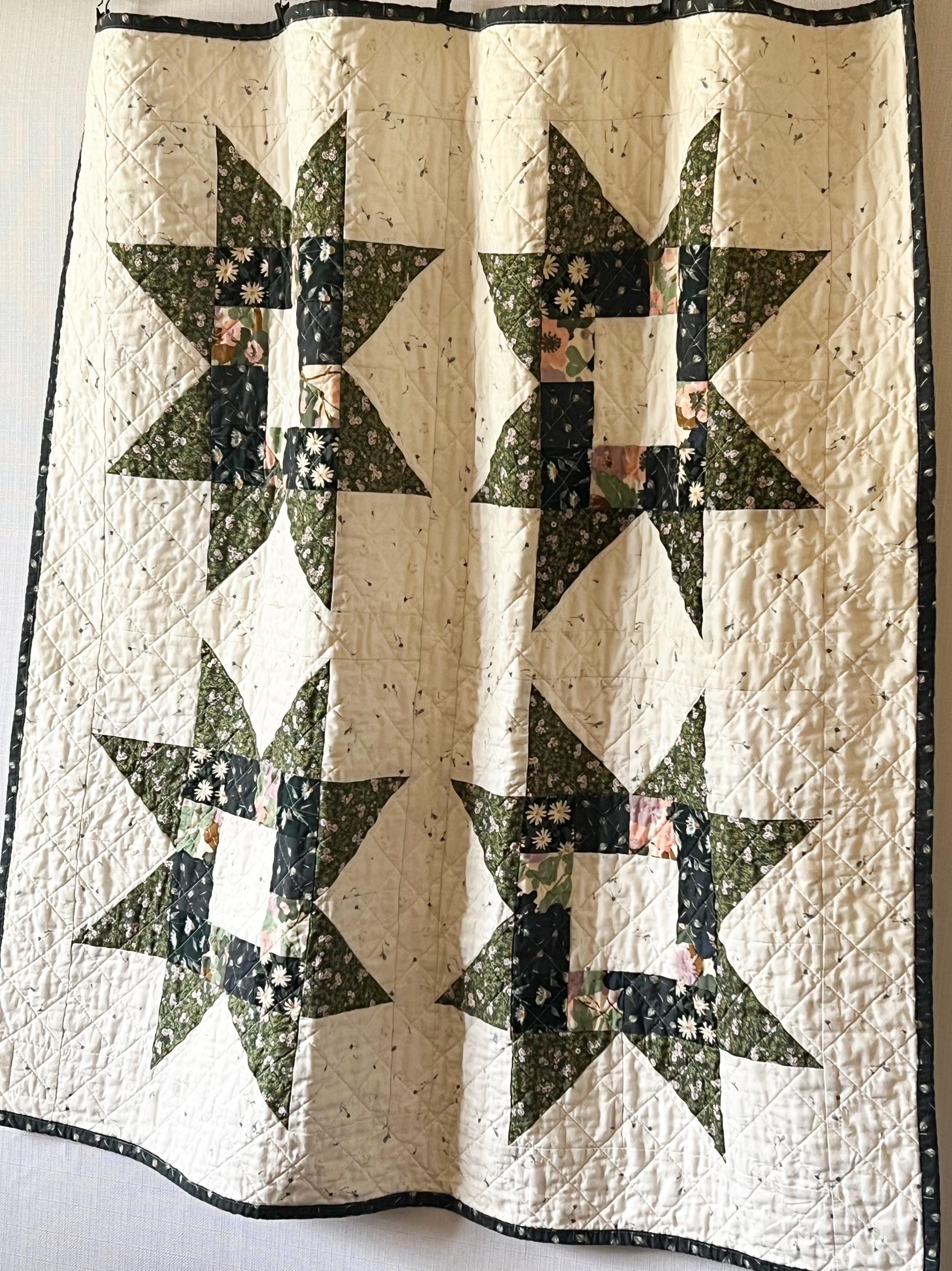 Floral Baby Quilt: Handmade Cotton, Modern Star Baby Quilt, Navy, Green and Pink