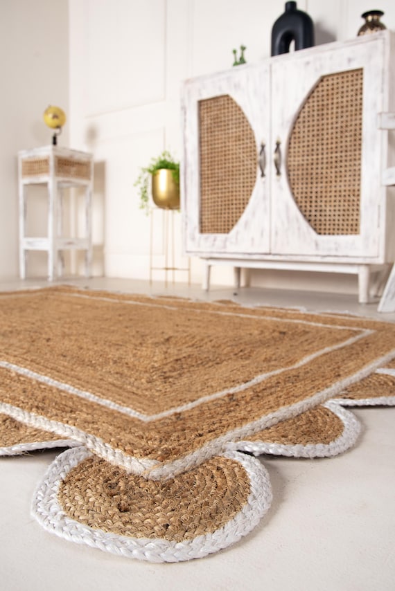 Handmade Jute Rug Scalloped Rug Custom Runner Rug Large Area Rug Braided Rug Home Décor Rugs For Living Room 5x7 ft 8x10 ft 9x12 ft