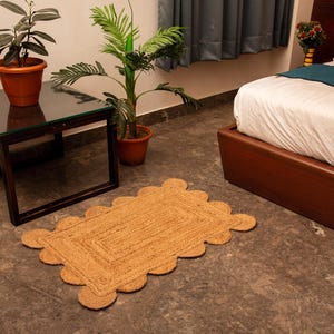 Natural Jute Rug- Scalloped Jute Rug Vintage Area Rug Hallway Large Rug Handmade Braided Jute Rug Indian Jute Rug Custom Size Rug 5x7 5x8