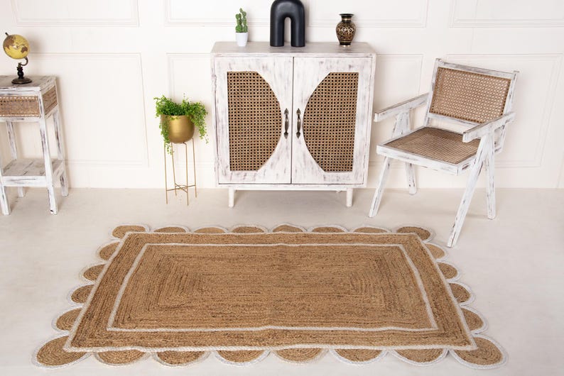 Handmade Jute Rug Scalloped Rug Custom Runner Rug Large Area Rug Braided Rug Home Décor Rugs For Living Room 5x7 ft 8x10 ft 9x12 ft