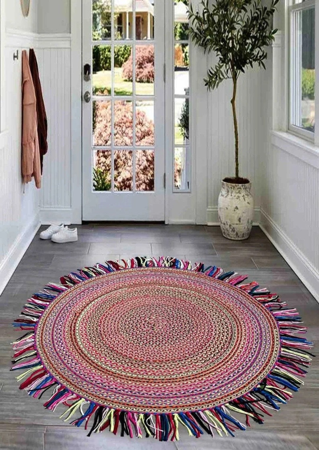 Natural Handwoven Jute Round Rug With Tassels. Round Jute Rug Etsy