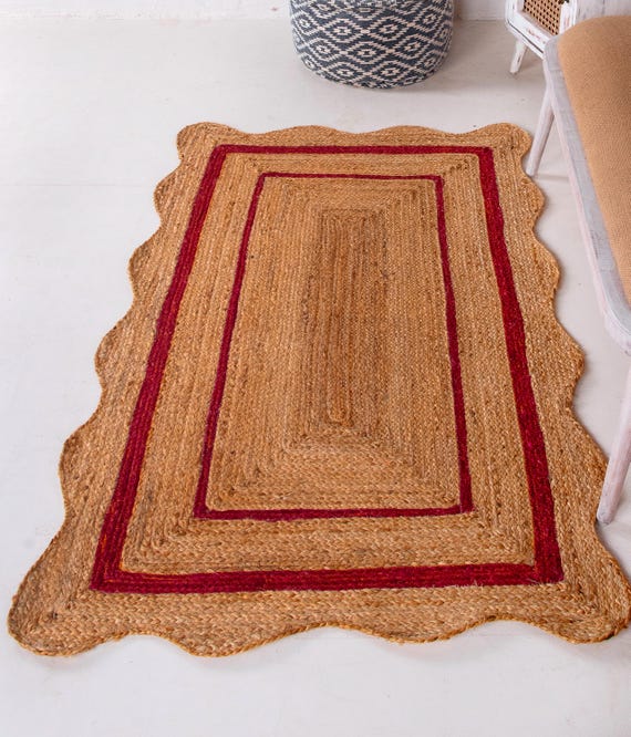 Scalloped Jute Rug  dining Room Wavy Jute Rug Scalloped Design Handmade Rug Eco Friendly Braided Rug Decorative Jute Carpet Custom Size